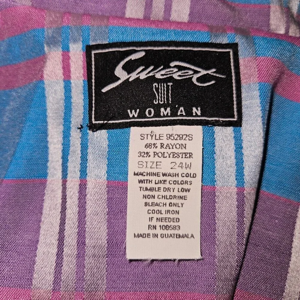 NEW VTG Sweet Suit Woman Blue Purple Plaid Blazer Jacket Size 24W Short-Sleeves